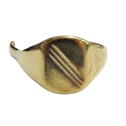 56 - A damaged vintage 9ct gold rounded-rectangular signet ring with an engraved diagonal band between ta... 