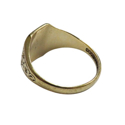 57 - A 9ct gold canted-rectangular signet ring, uninscribed, with flower-chased tapering shoulders on a D... 