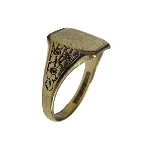 57 - A 9ct gold canted-rectangular signet ring, uninscribed, with flower-chased tapering shoulders on a D... 