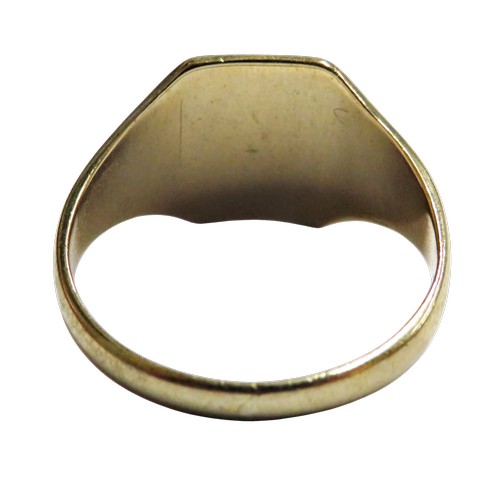 57 - A 9ct gold canted-rectangular signet ring, uninscribed, with flower-chased tapering shoulders on a D... 