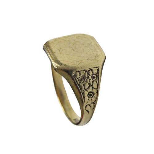 57 - A 9ct gold canted-rectangular signet ring, uninscribed, with flower-chased tapering shoulders on a D... 