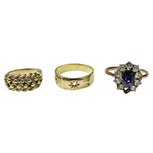 61 - Three gold rings including a late Victorian two stone gypsy ring (lacking the stones), indistinct ma... 