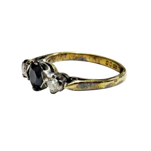 52 - A vintage 18ct gold sapphire and diamond three stone ring, centred with a round mixed-cut green-ish ... 