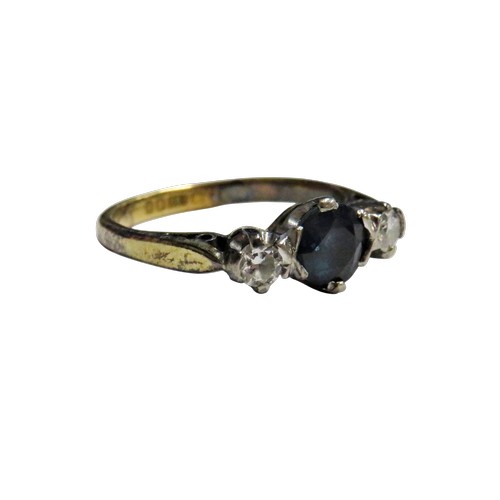 52 - A vintage 18ct gold sapphire and diamond three stone ring, centred with a round mixed-cut green-ish ... 
