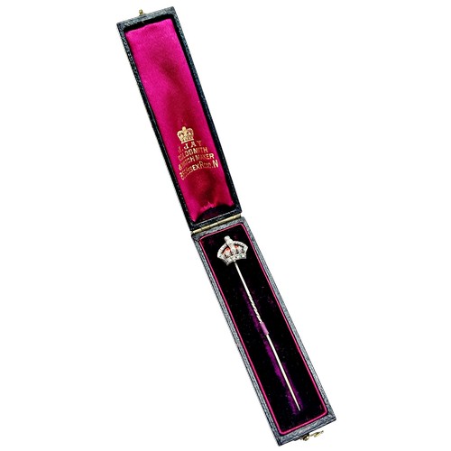 232 - Royal Interest, a late Victorian/Edwardian gold, enamel and gem set crown shaped stick pin, set with... 
