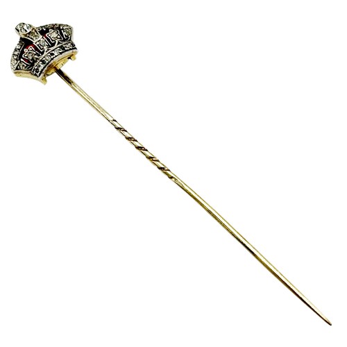 232 - Royal Interest, a late Victorian/Edwardian gold, enamel and gem set crown shaped stick pin, set with... 