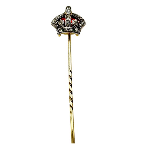 232 - Royal Interest, a late Victorian/Edwardian gold, enamel and gem set crown shaped stick pin, set with... 