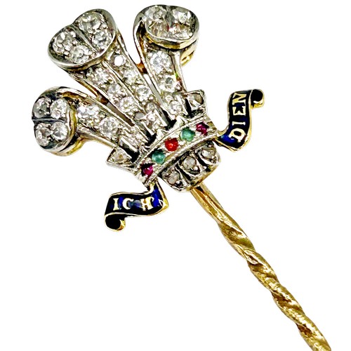 233 - Royal Interest - A late Victorian / Edwardian gold, enamel and gem set Prince of Wales stick pin, se... 