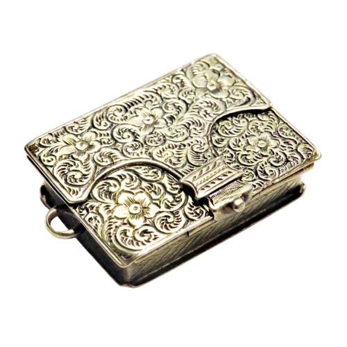268 - A 19th century gold vesta/or match case in the form of a book, with two hinged covers and engraved w... 