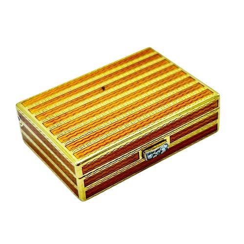 271 - Bvlgari - Roma, a mid/late 20th century Italian gold and orange guilloche enamel pill box with a dia... 