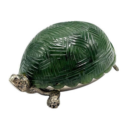 310 - A rare silver and nephrite jade table vesta/match case in the form of a tortoise, the nephrite shell... 