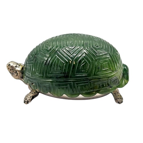 310 - A rare silver and nephrite jade table vesta/match case in the form of a tortoise, the nephrite shell... 
