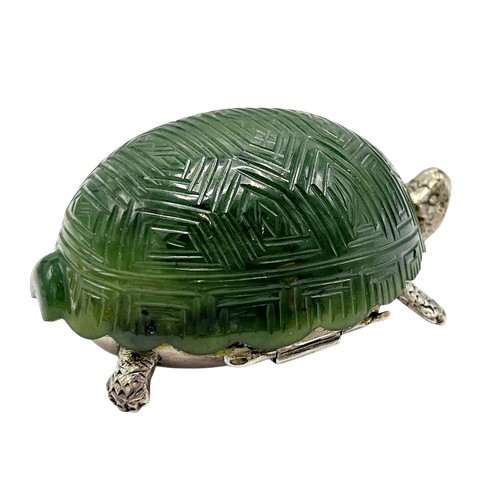 310 - A rare silver and nephrite jade table vesta/match case in the form of a tortoise, the nephrite shell... 