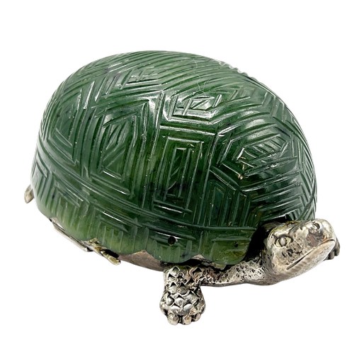 310 - A rare silver and nephrite jade table vesta/match case in the form of a tortoise, the nephrite shell... 