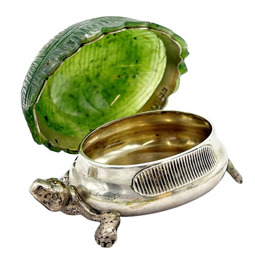 310 - A rare silver and nephrite jade table vesta/match case in the form of a tortoise, the nephrite shell... 