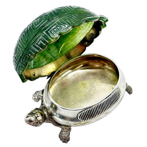 310 - A rare silver and nephrite jade table vesta/match case in the form of a tortoise, the nephrite shell... 