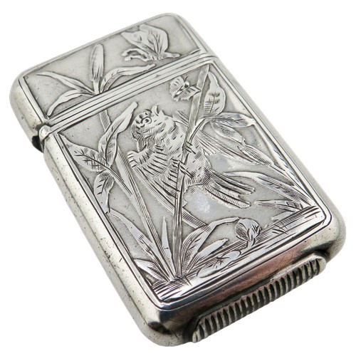 A silver vesta / match case by Sampson & Mordan, decorated with bird, foliage and butterfly detail, 4.5cm x 3cm approx, 21.1g gross approx