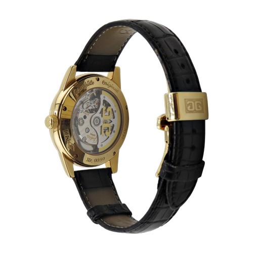 1125 - Glashütte, Senator, Panorama date with moon phase, a gentleman’s 18ct gold wrist watch, signed dark-... 
