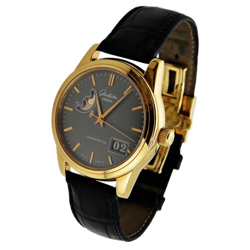 1125 - Glashütte, Senator, Panorama date with moon phase, a gentleman’s 18ct gold wrist watch, signed dark-... 