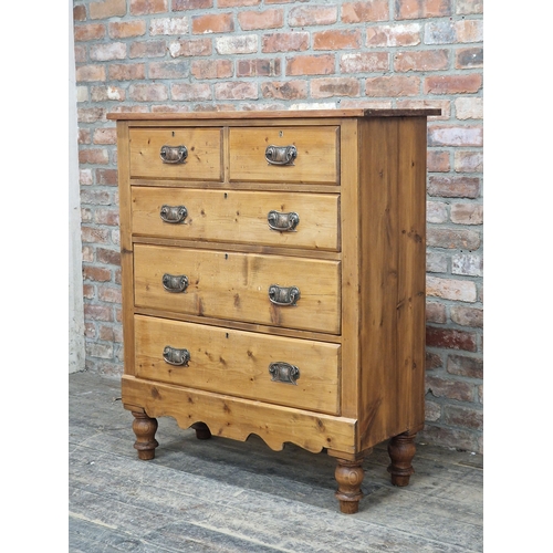 1002 - Antique pine chest of two short over three long drawers, raised on turned supports, H 120cm x W 104c... 