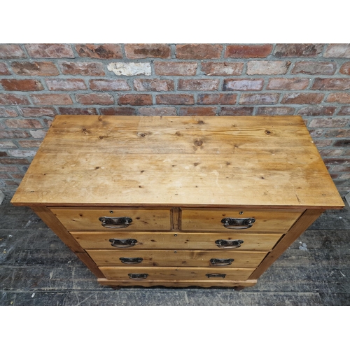 1002 - Antique pine chest of two short over three long drawers, raised on turned supports, H 120cm x W 104c... 