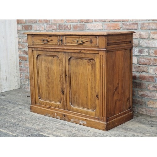 1006 - Antique pine side cabinet with two drawers and two cupboard doors, 90cm x W 110cm x D 49cm