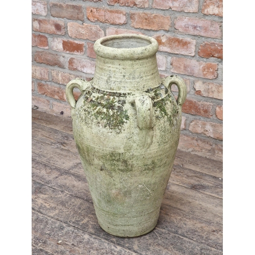 1016 - Weathered terracotta amphora urn with quadruped handles, H 68cm x W 34cm