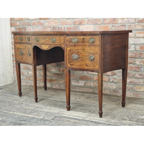 1018 - 19th century mahogany and satinwood inlaid serpentine sideboard fitted with four drawers and a cella... 