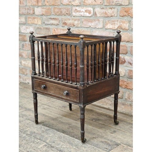 1030 - Victorian mahogany Canterbury with turned gallery sides and single drawer, raised on brass castors, ... 