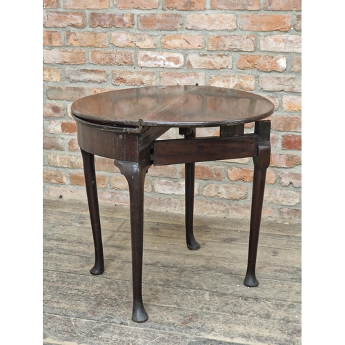 1048 - Georgian mahogany triple top fold over demi lune card table with counter wells and baize lined surfa... 