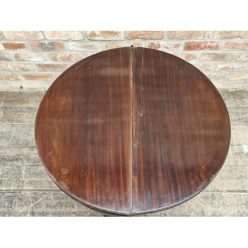 1048 - Georgian mahogany triple top fold over demi lune card table with counter wells and baize lined surfa... 