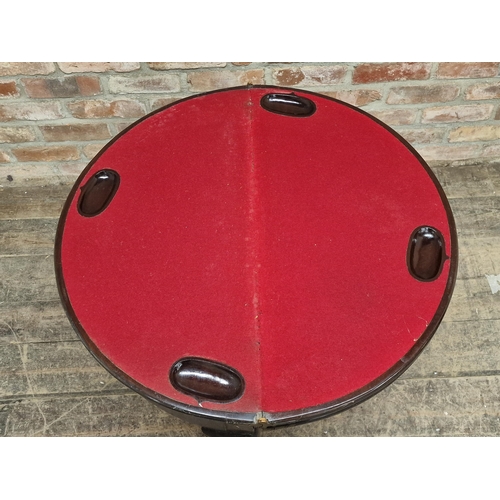 1048 - Georgian mahogany triple top fold over demi lune card table with counter wells and baize lined surfa... 