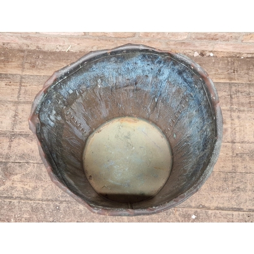 1015 - Large vintage riveted copper log bin or planter, H 60cm x 54cm diameter
