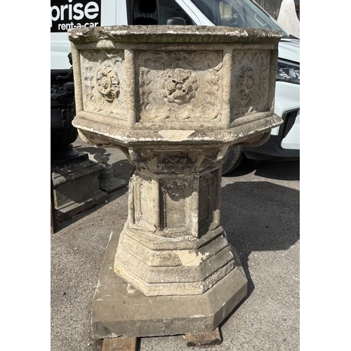 17 - Impressive antique Gothic carved natural stone font, octagonal form repeating Tudor Rose to bowl, ar... 