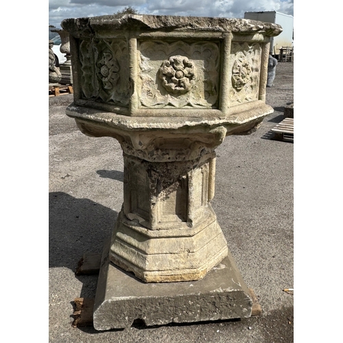 17 - Impressive antique Gothic carved natural stone font, octagonal form repeating Tudor Rose to bowl, ar... 