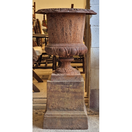 2 - Cast iron Campana urn with flared rim and lobed bowl, raised on a square cut plinth, H 110cm x W 60c... 