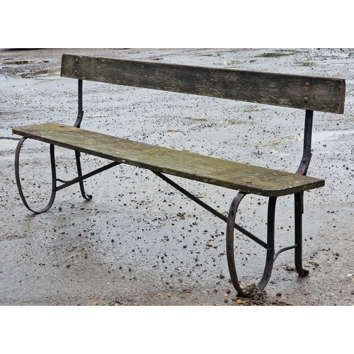 35 - Vintage metal strap work bench with planked seat and back, H 76cm x W 183cm x D 42cm