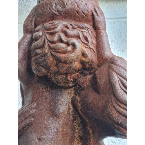 4 - 20th century cast iron statue of a mother and child holding an urn with lobed bowl and wavy rim, H 1... 