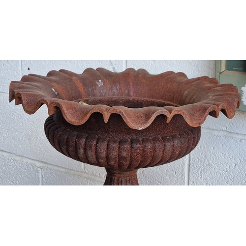 4 - 20th century cast iron statue of a mother and child holding an urn with lobed bowl and wavy rim, H 1... 