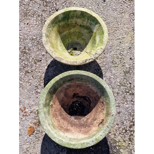 54 - Pair of weathered reconstituted stone conical shaped planters, H 23cm x W 46cm (2)