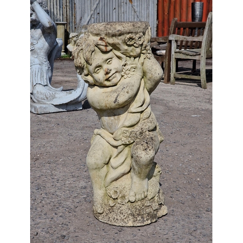 154 - Reconstituted stone garden pedestal / statue in the form of a cherub, H 75cm x W 33cm x D 25cm