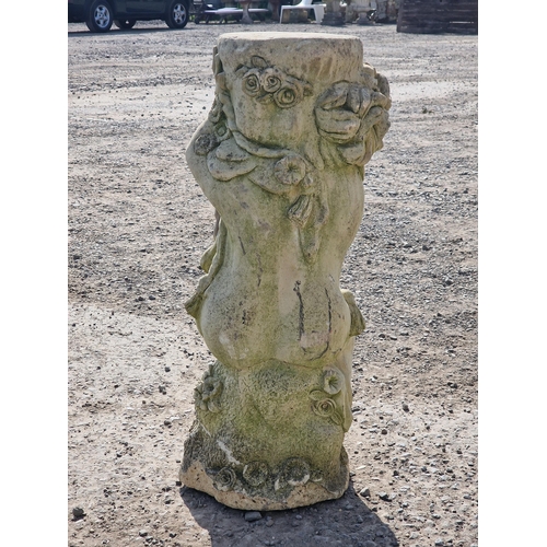 154 - Reconstituted stone garden pedestal / statue in the form of a cherub, H 75cm x W 33cm x D 25cm