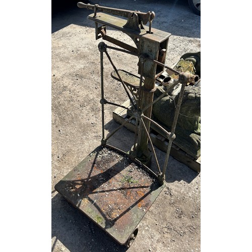 180 - Antique cast iron sack scales by Day & Millward Ltd, H 120cm x W 85cm x D 72cm