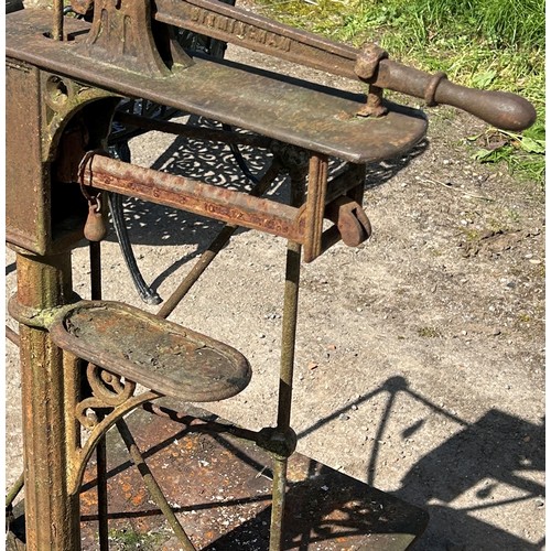 180 - Antique cast iron sack scales by Day & Millward Ltd, H 120cm x W 85cm x D 72cm
