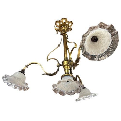 4 - Art Nouveau 1920's French antique brass three-arm ceiling light with central light and shade, and th... 