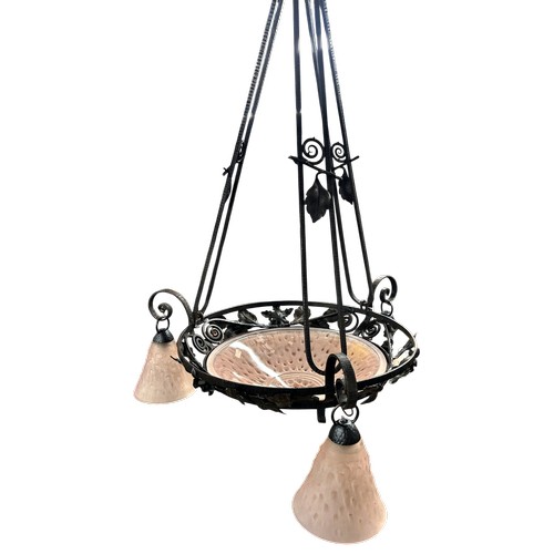 8 - French 1920's wrought iron chandelier with pink Pat-de-Verre central plafonnier and three matching s... 