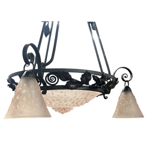 8 - French 1920's wrought iron chandelier with pink Pat-de-Verre central plafonnier and three matching s... 