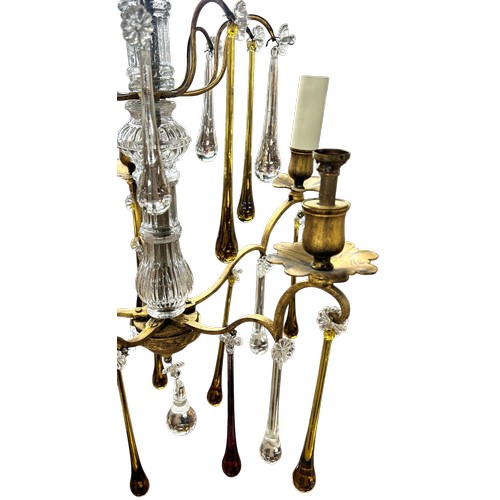 9 - French Art Deco five-arm gilt metal chandelier with trichrome elongated crystal drops, H 55cm approx... 