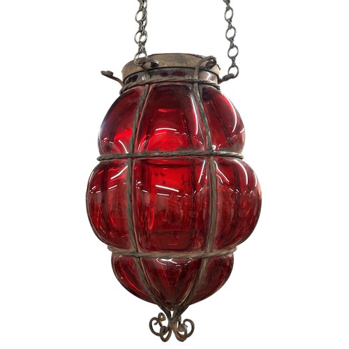 11 - Retro red bubble glass pendant light, shade 30cm high