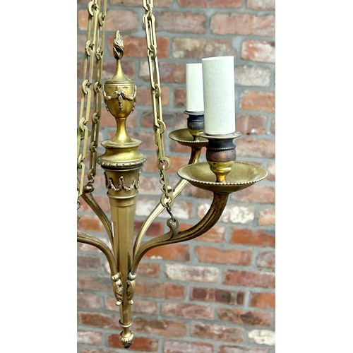 16 - Early 20th century French gilt bronze four-branch ceiling light, with central flaming urn, acanthus ... 